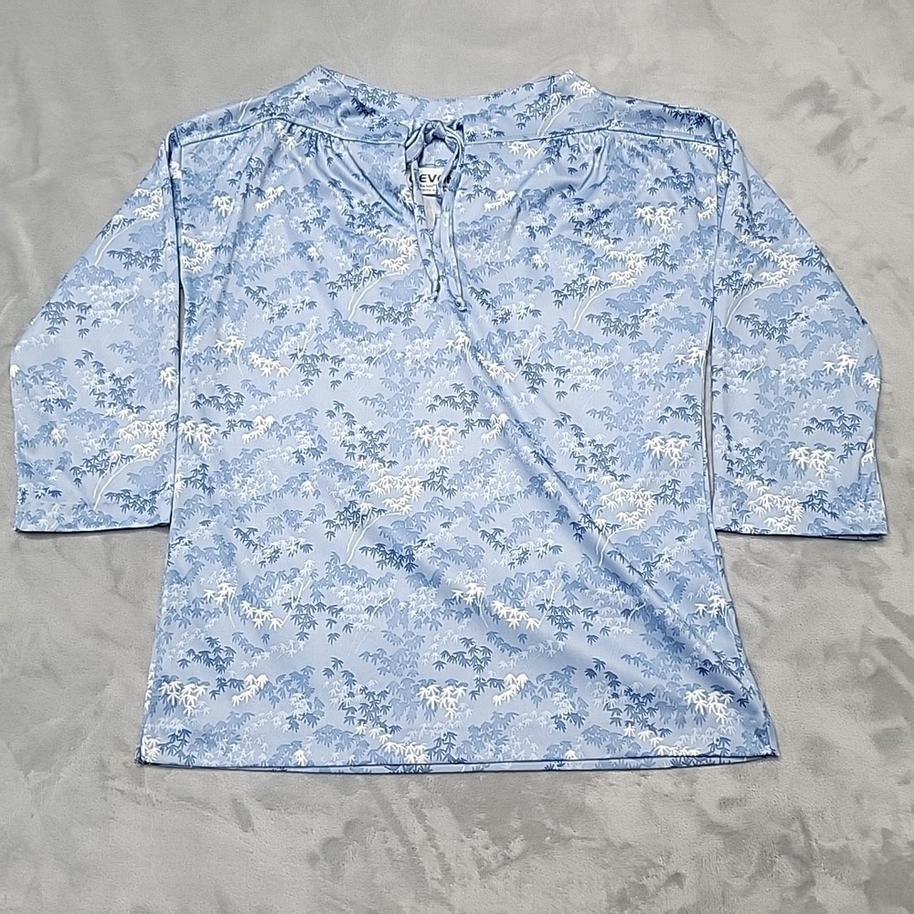 VTG Devon Shirt Womens L Blue Dacron Polyester Bamboo Print Tie Neck Made In USA